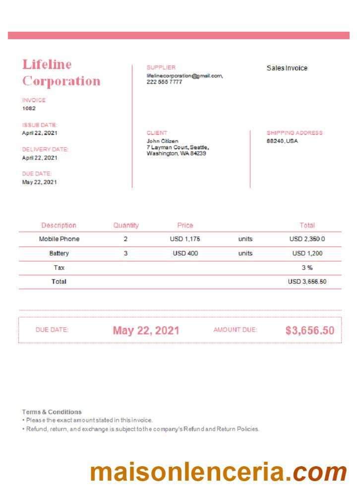 Szablon faktury USA Lifeline Corporation w formacie Word i PDF, w pełni edytowalny, Wersja 2